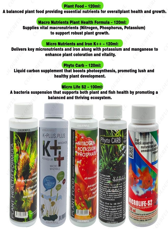 COLOURFUL - Aquatic Remedies 5-in-1 Plant Care Combo: Plant Health 120ml + Plant Food 120ml + K++ 120ml + Phyto Carb 100ml + Micro Life S2 100ml - Complete Aquarium Plant Care Solution - Image 2